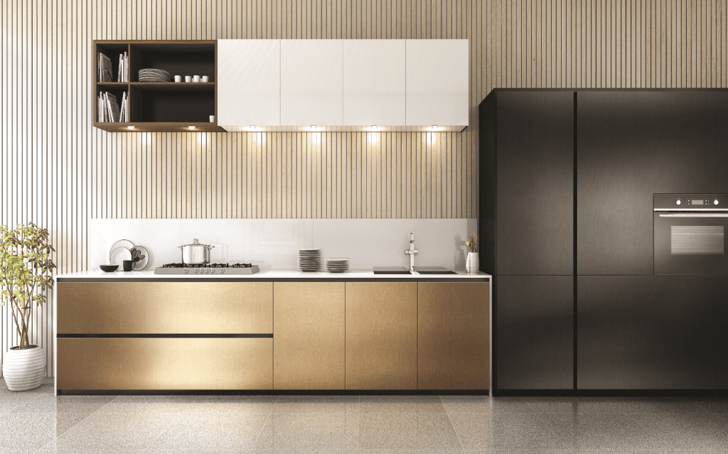 Interior Film Benefits for Designers | Interior Design Materials 6 Gold Metal Kitchen