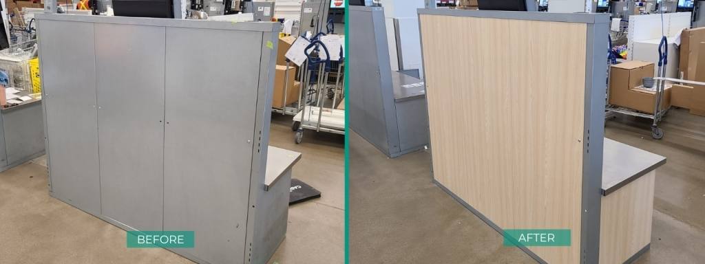 IKEA cashier desk - before and after refinishing with Bodaq