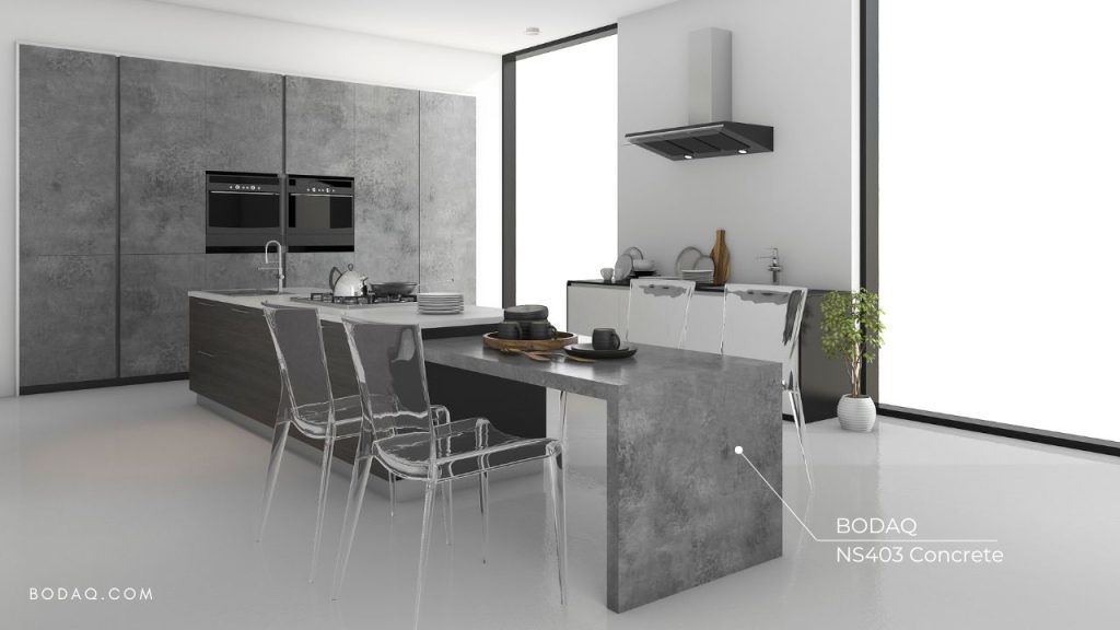 NS403 Concrete - Urban Sophistication 1 NS403 Concrete interior film is a perfect matte finish for the kitchen island