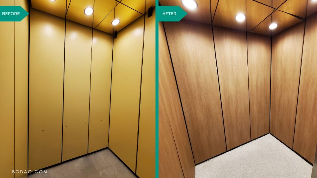 Elevator Refinishing Using BODAQ Interior Film 1 Elevator refinishing project #1. PZ021 Walnut