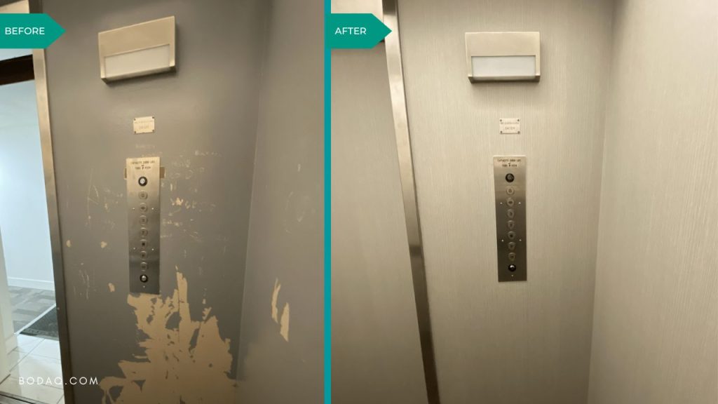 Elevator Refinishing Using BODAQ Interior Film 5 Elevator refinishing project #3. ZN9B1 Teak Light Wood