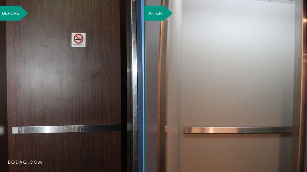 Elevator Refinishing Using BODAQ Interior Film 2 Elevator refinishing project #4. PTW08 Chelsea Gray