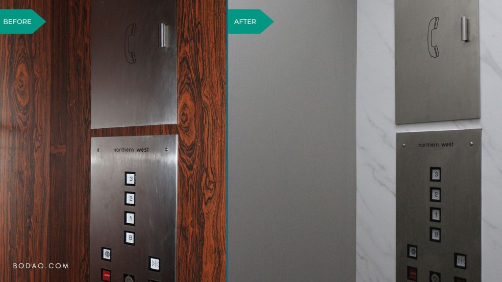 Elevator Refinishing Using BODAQ Interior Film 3 Elevator refinishing project #4. NS814 Cremona Arabescato