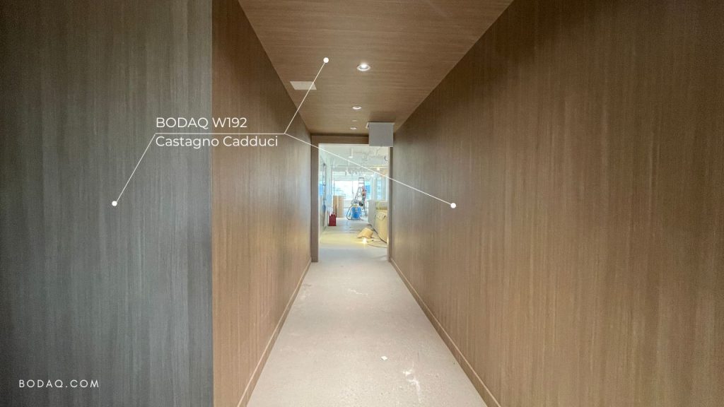 Healthcare Design: Enhancing Safety and Sustainability with Bodaq 6 W192 Castagno Caducci interior film applied to the hospital hallway walls