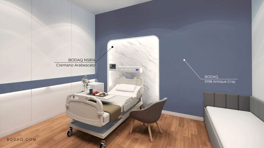 Healthcare Design: Enhancing Safety and Sustainability with Bodaq 8 NS814 Cremano Arabescato and S198 Gray interior film patterns applied to the walls in the hospital room